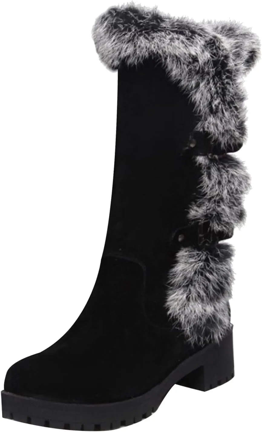 Women's Mid-Calf Winter Platform Hidden Wedge Boots Slip-on Fu𝐫 Collar Warm 𝐖aterproof Leather Non-slip Snow Boot