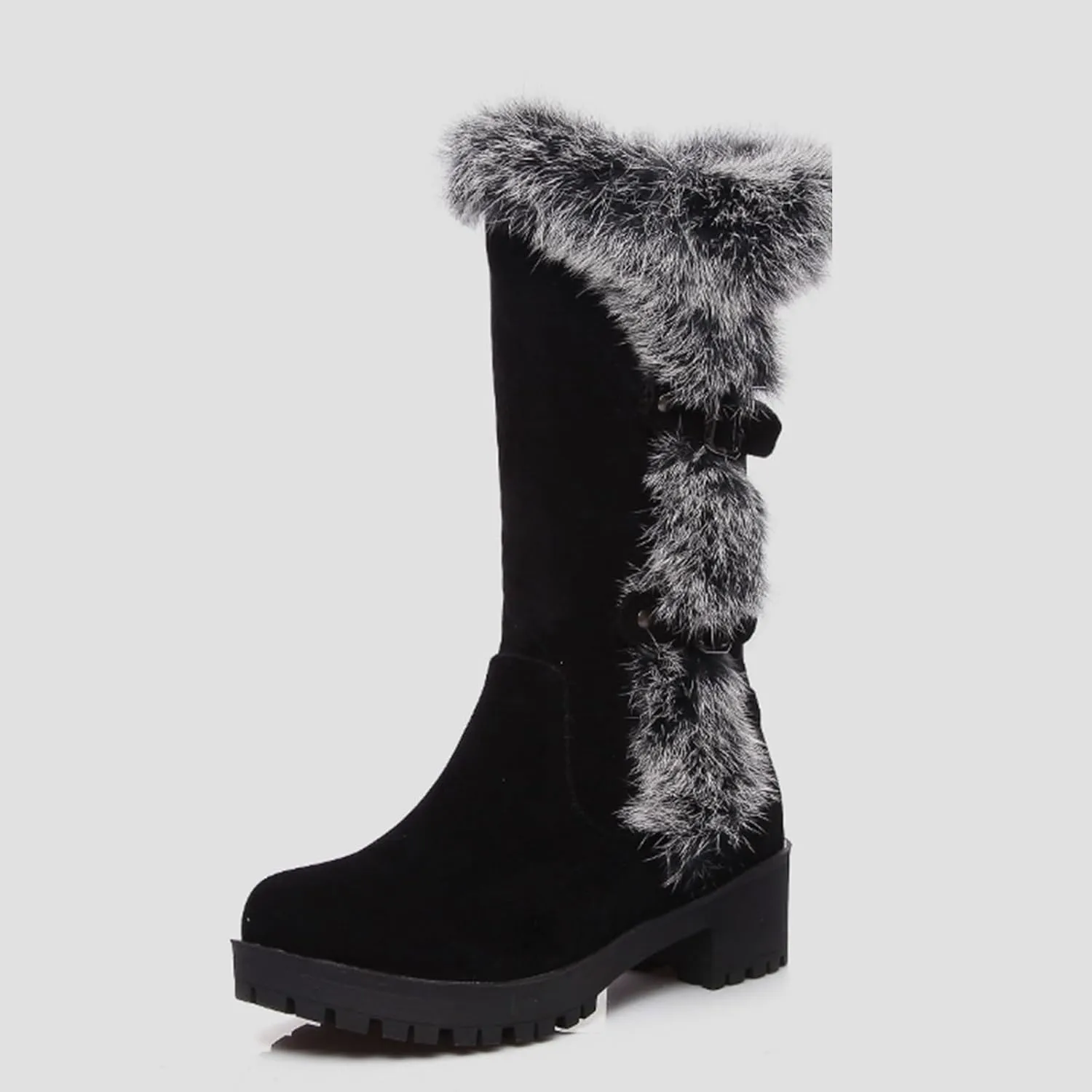 Women's Mid-Calf Winter Platform Hidden Wedge Boots Slip-on Fu𝐫 Collar Warm 𝐖aterproof Leather Non-slip Snow Boot