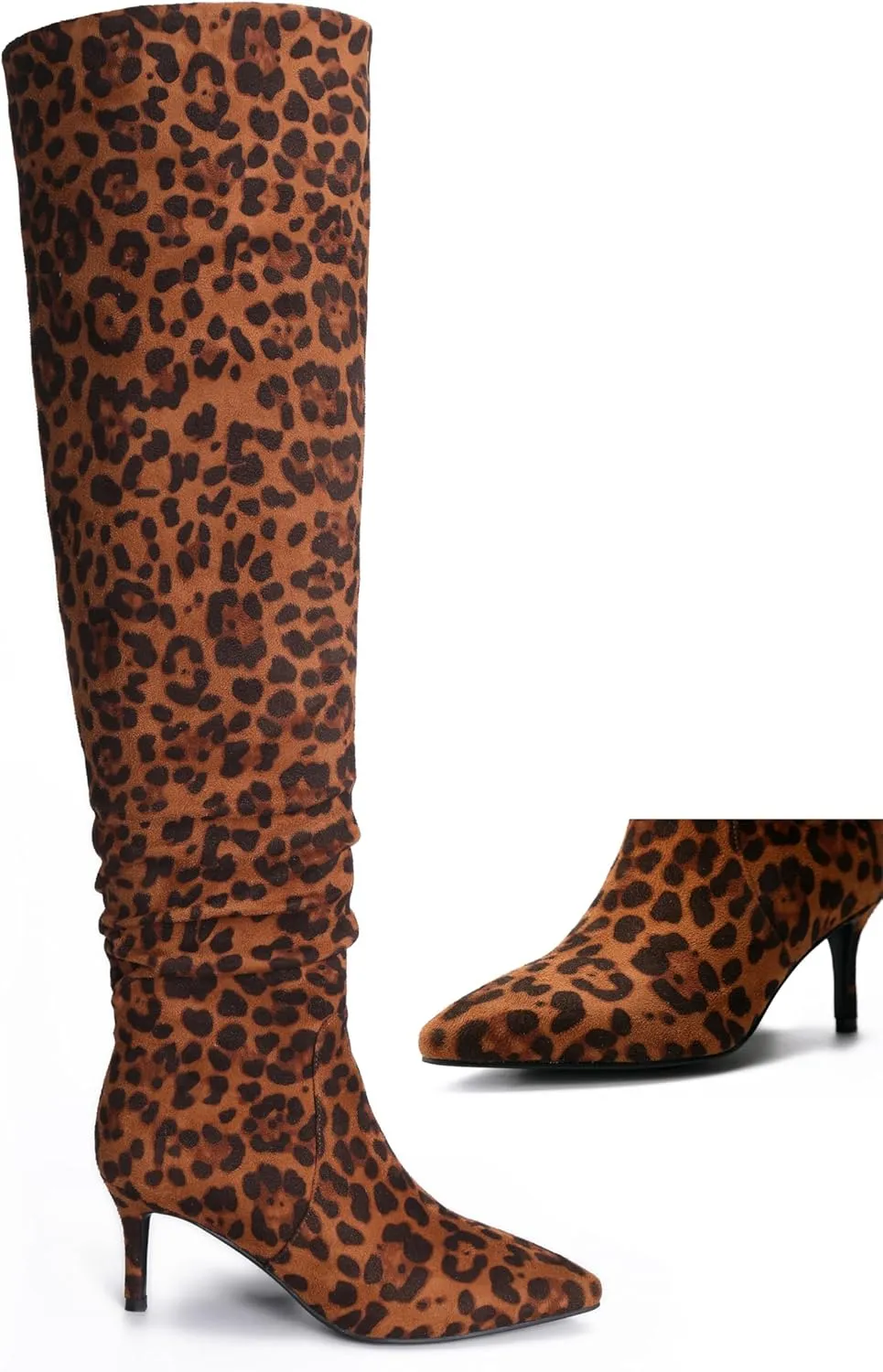 Women's Mid-High Stiletto 3ins Heel Pointed Toe Footwears Side Zipper Pleated Wrinkled Shaft Shoes Soft Comfortable Leopard Suede Leather Sexy Long Thigh High Boots and Fashion Tall Knee High Booties