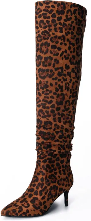 Women's Mid-High Stiletto 3ins Heel Pointed Toe Footwears Side Zipper Pleated Wrinkled Shaft Shoes Soft Comfortable Leopard Suede Leather Sexy Long Thigh High Boots and Fashion Tall Knee High Booties