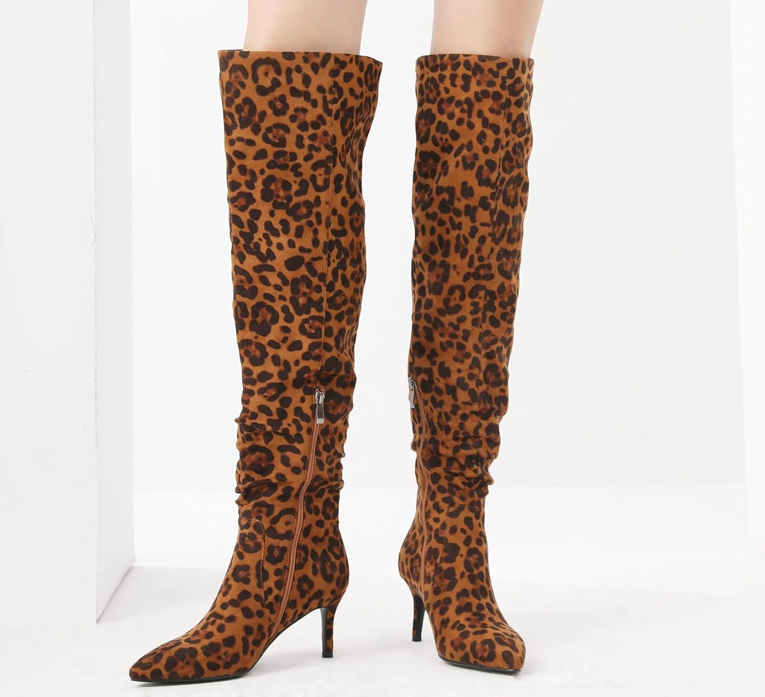Women's Mid-High Stiletto 3ins Heel Pointed Toe Footwears Side Zipper Pleated Wrinkled Shaft Shoes Soft Comfortable Leopard Suede Leather Sexy Long Thigh High Boots and Fashion Tall Knee High Booties