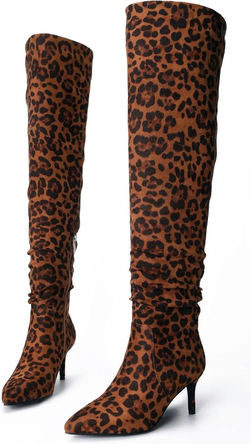 Women's Mid-High Stiletto 3ins Heel Pointed Toe Footwears Side Zipper Pleated Wrinkled Shaft Shoes Soft Comfortable Leopard Suede Leather Sexy Long Thigh High Boots and Fashion Tall Knee High Booties