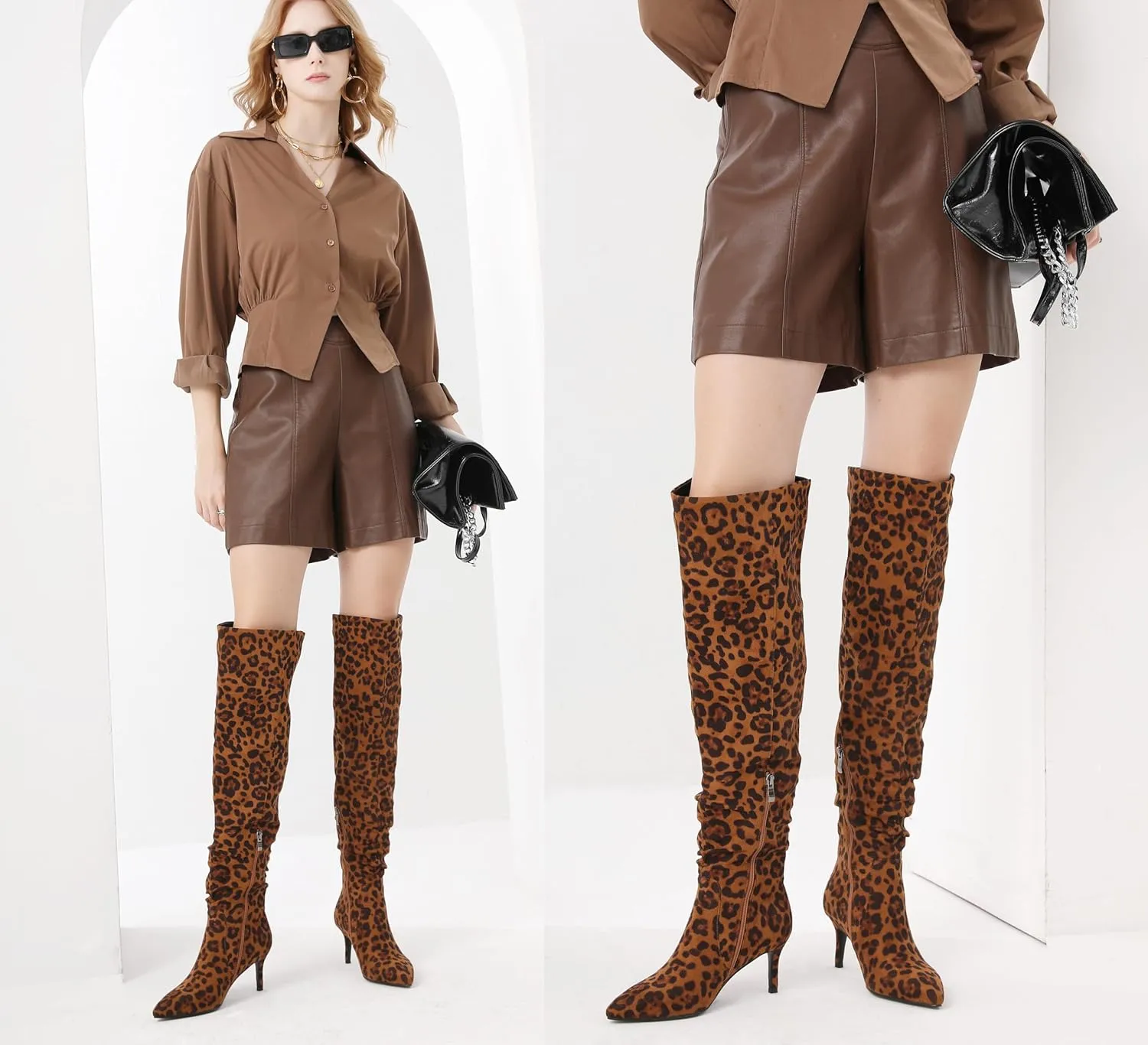 Women's Mid-High Stiletto 3ins Heel Pointed Toe Footwears Side Zipper Pleated Wrinkled Shaft Shoes Soft Comfortable Leopard Suede Leather Sexy Long Thigh High Boots and Fashion Tall Knee High Booties