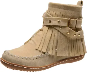 Womens Moccasins Fringe Ankle Boots Retro Suede Leather Tassel Studded Moccasins Shoes Non Slip Flat Heel Fall Winter Casual Fashion Booties with Zipper