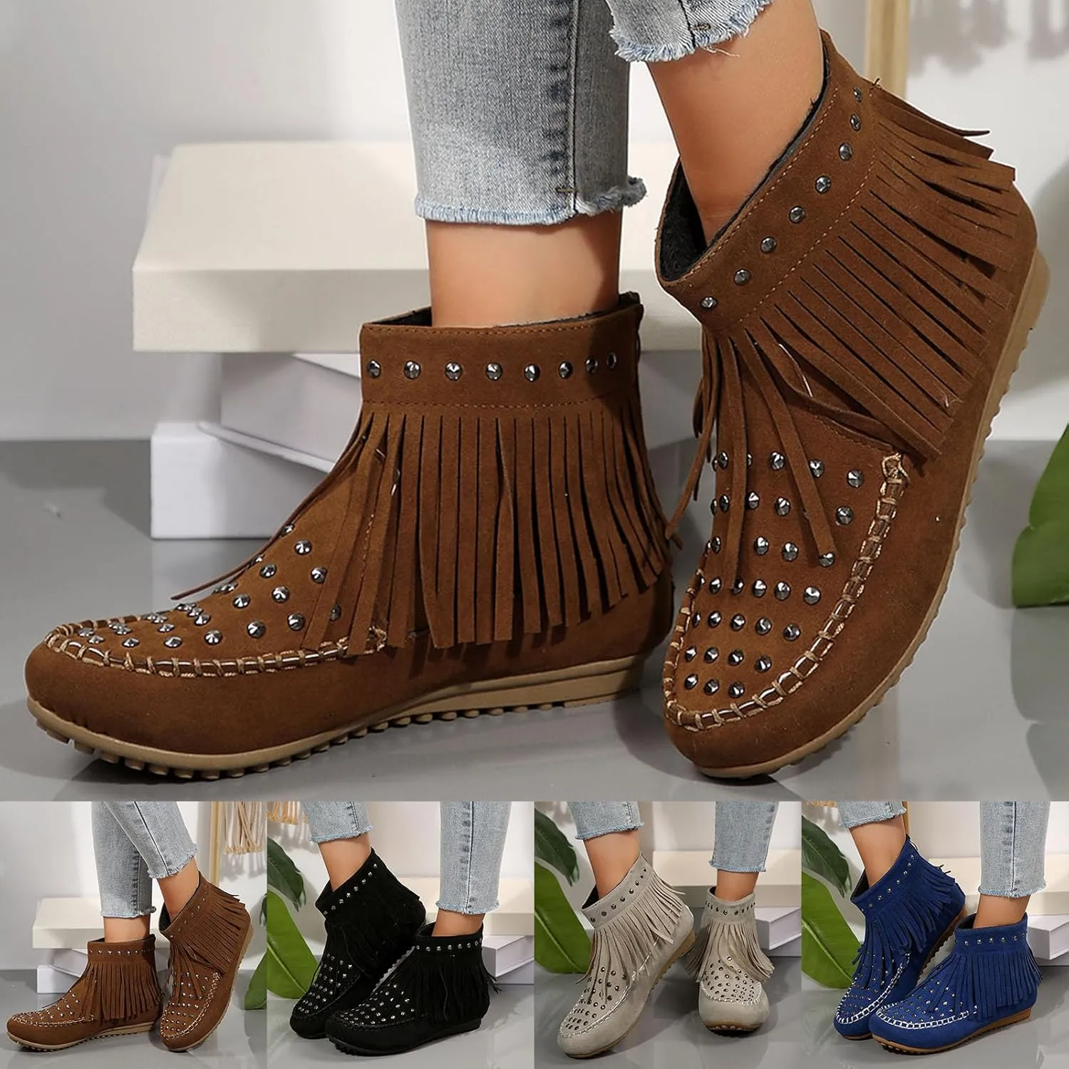 Womens Moccasins Fringe Ankle Boots Retro Suede Leather Tassel Studded Moccasins Shoes Non Slip Flat Heel Fall Winter Casual Fashion Booties with Zipper