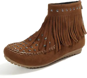 Womens Moccasins Fringe Ankle Boots Retro Suede Leather Tassel Studded Moccasins Shoes Non Slip Flat Heel Fall Winter Casual Fashion Booties with Zipper