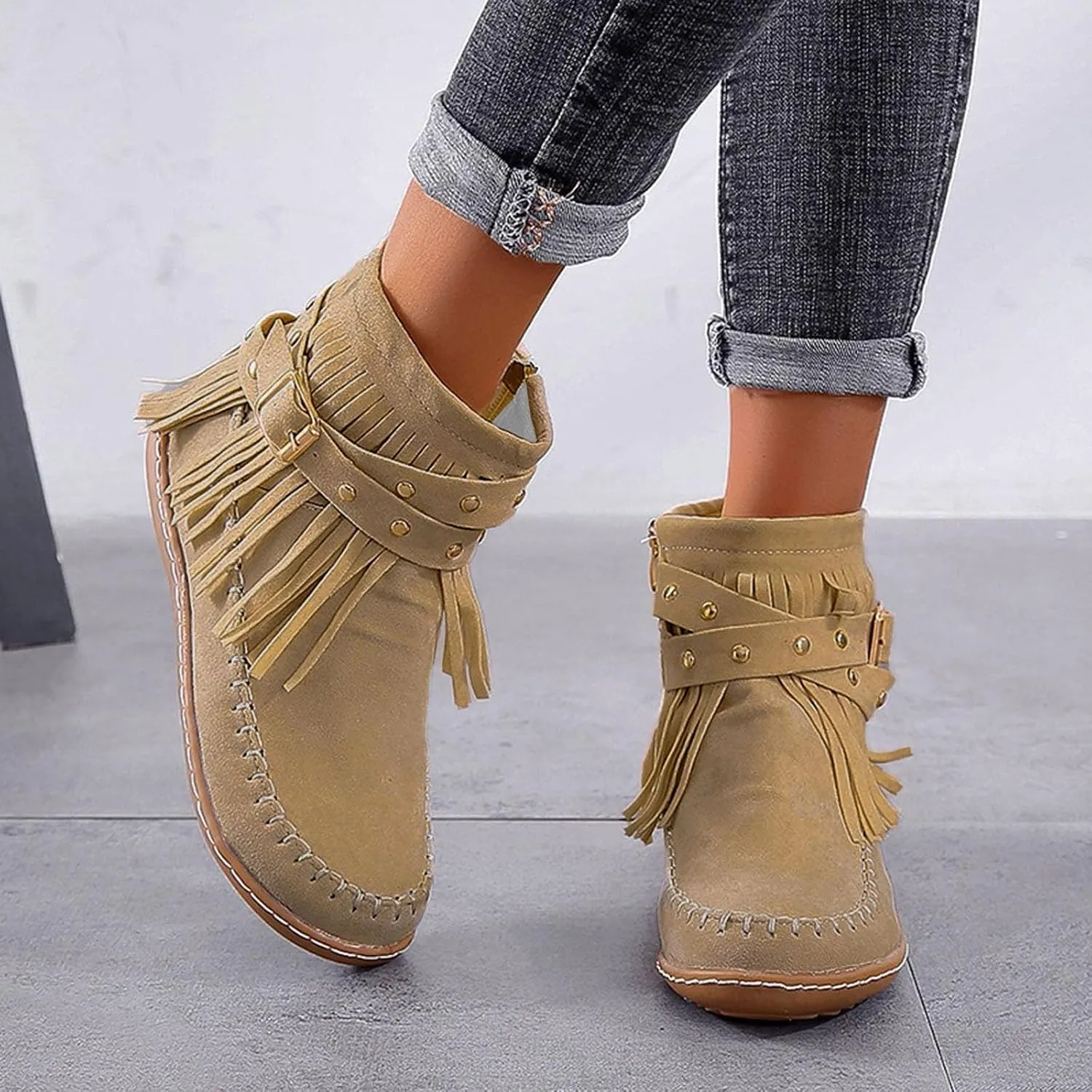 Womens Moccasins Fringe Ankle Boots Retro Suede Leather Tassel Studded Moccasins Shoes Non Slip Flat Heel Fall Winter Casual Fashion Booties with Zipper