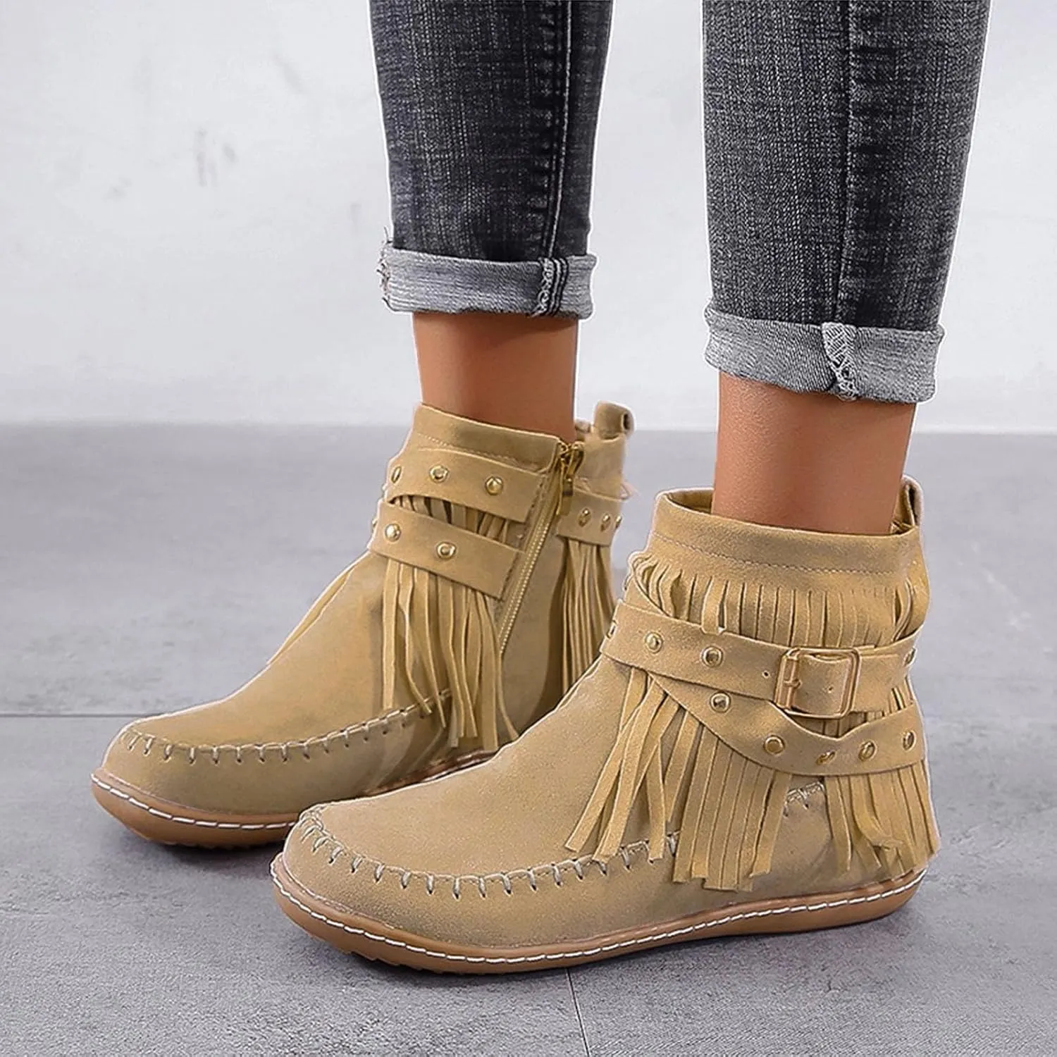 Womens Moccasins Fringe Ankle Boots Retro Suede Leather Tassel Studded Moccasins Shoes Non Slip Flat Heel Fall Winter Casual Fashion Booties with Zipper