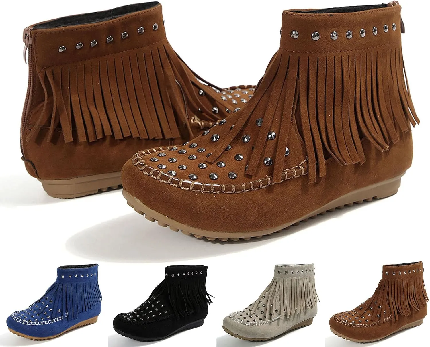 Womens Moccasins Fringe Ankle Boots Retro Suede Leather Tassel Studded Moccasins Shoes Non Slip Flat Heel Fall Winter Casual Fashion Booties with Zipper