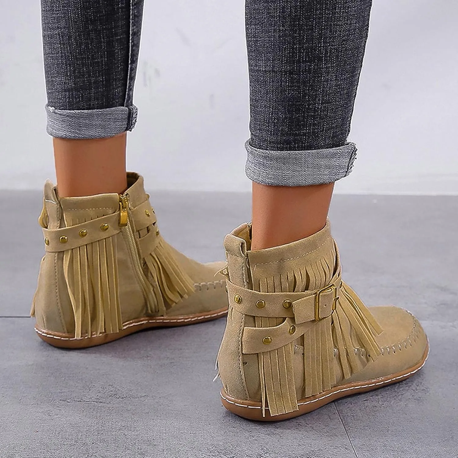 Womens Moccasins Fringe Ankle Boots Retro Suede Leather Tassel Studded Moccasins Shoes Non Slip Flat Heel Fall Winter Casual Fashion Booties with Zipper