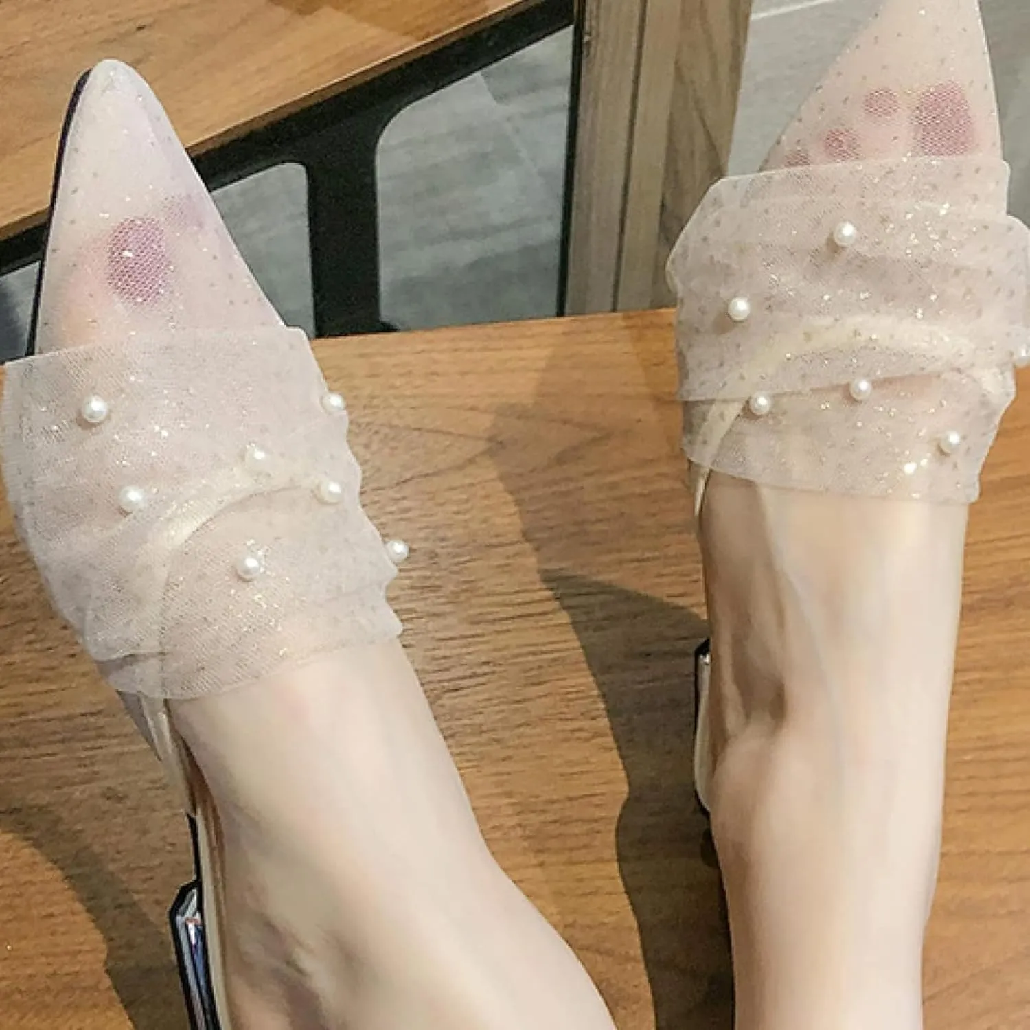 Women's Mule Shoes Covered in Soft Mesh Pointed Low Heeled Loafers Slippers for Comfortable Party Sandals