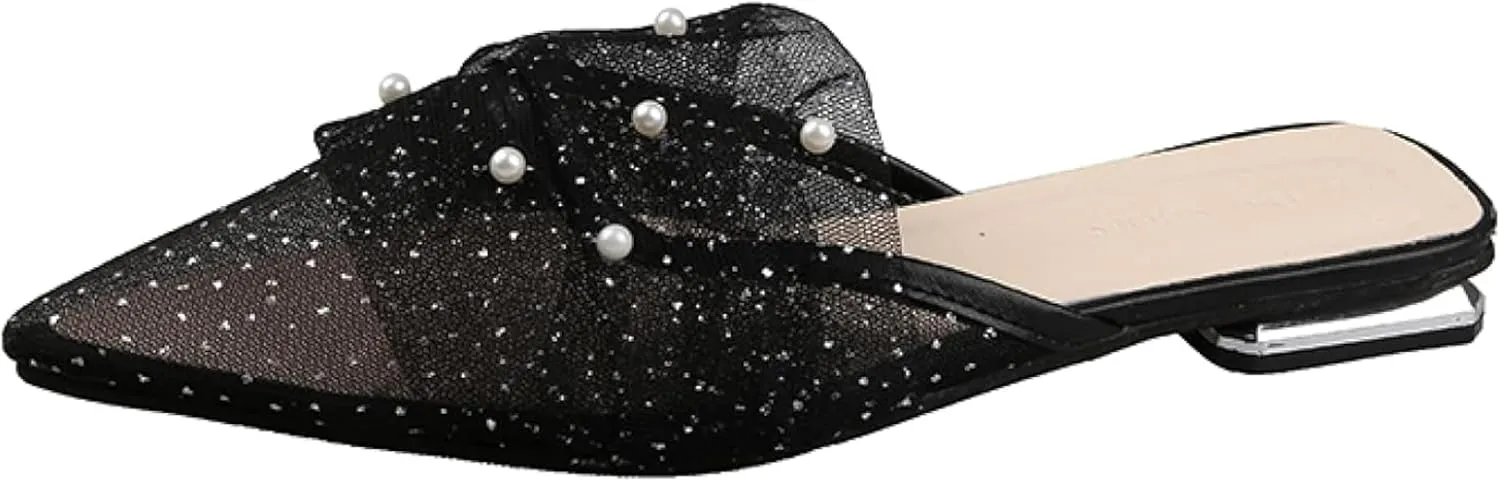 Women's Mule Shoes Covered in Soft Mesh Pointed Low Heeled Loafers Slippers for Comfortable Party Sandals