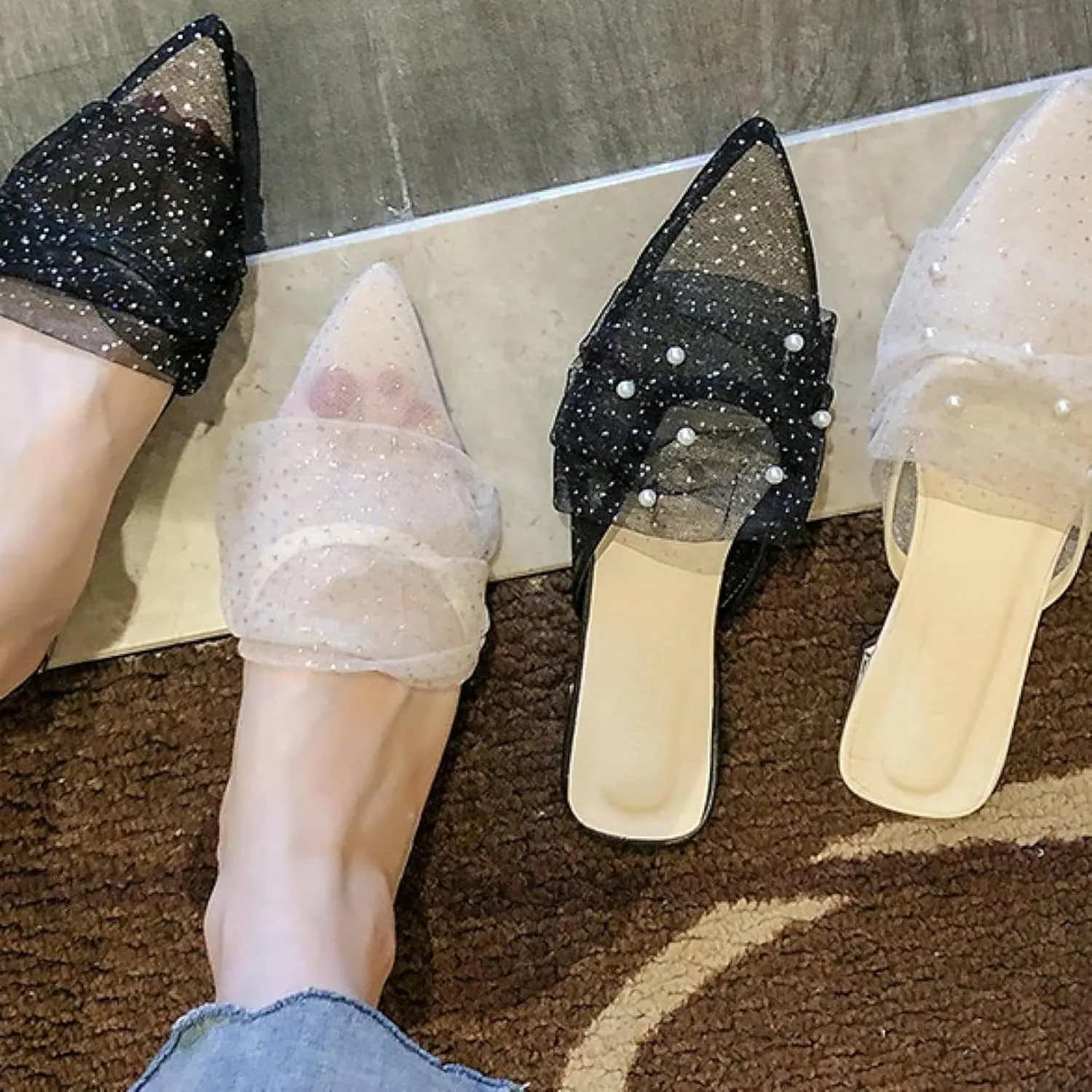 Women's Mule Shoes Covered in Soft Mesh Pointed Low Heeled Loafers Slippers for Comfortable Party Sandals