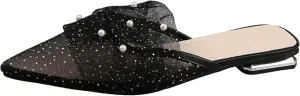 Women's Mule Shoes Covered in Soft Mesh Pointed Low Heeled Loafers Slippers for Comfortable Party Sandals