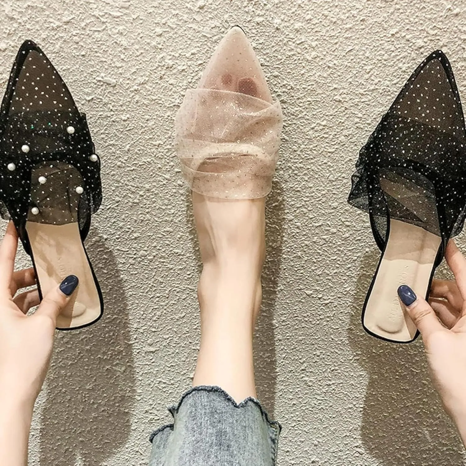 Women's Mule Shoes Covered in Soft Mesh Pointed Low Heeled Loafers Slippers for Comfortable Party Sandals