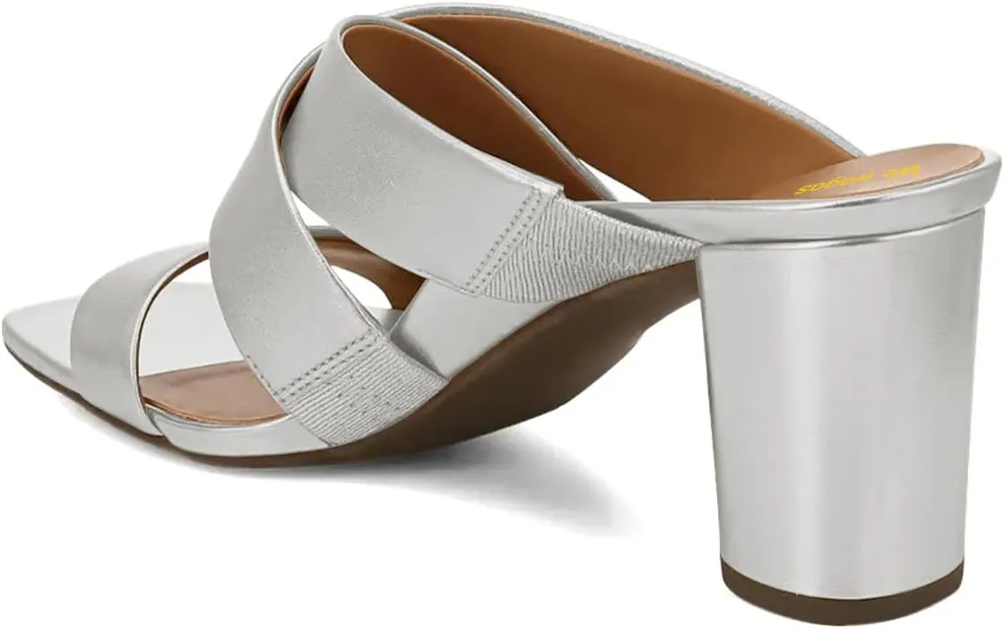 Women’s Mules Cross Strap Slippers Slip On Sandals Chunky Mid Heels Open Square Toe Shoes Indoor Party Shopping Size 4-16 US