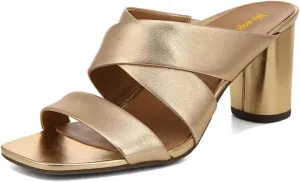 Women’s Mules Cross Strap Slippers Slip On Sandals Chunky Mid Heels Open Square Toe Shoes Indoor Party Shopping Size 4-16 US