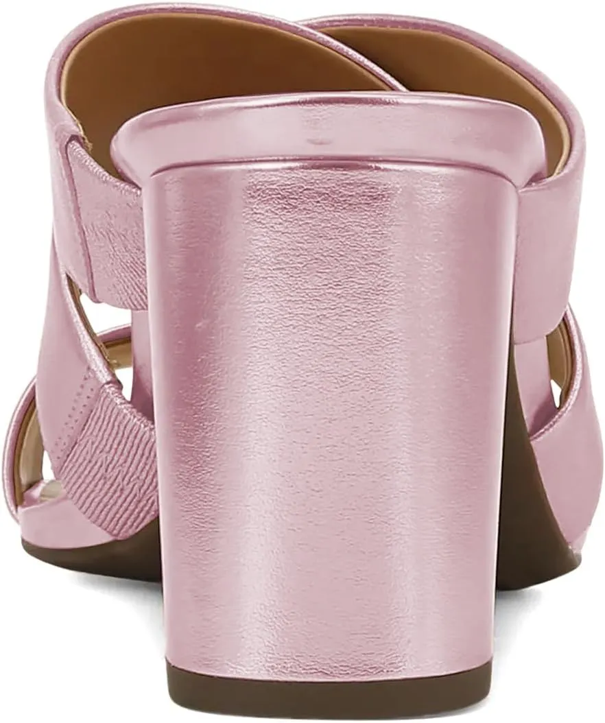 Women’s Mules Cross Strap Slippers Slip On Sandals Chunky Mid Heels Open Square Toe Shoes Indoor Party Shopping Size 4-16 US
