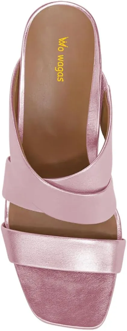 Women’s Mules Cross Strap Slippers Slip On Sandals Chunky Mid Heels Open Square Toe Shoes Indoor Party Shopping Size 4-16 US