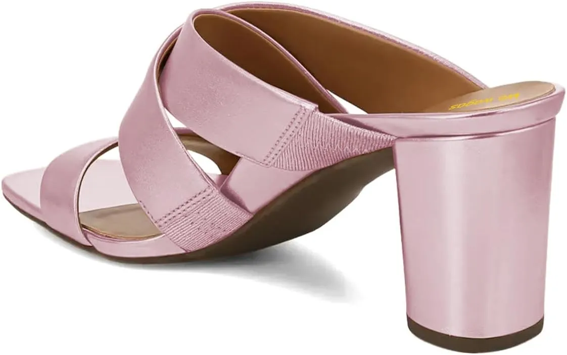 Women’s Mules Cross Strap Slippers Slip On Sandals Chunky Mid Heels Open Square Toe Shoes Indoor Party Shopping Size 4-16 US