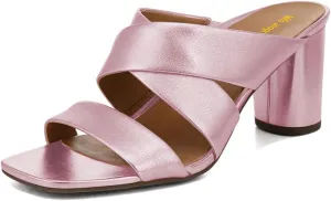 Women’s Mules Cross Strap Slippers Slip On Sandals Chunky Mid Heels Open Square Toe Shoes Indoor Party Shopping Size 4-16 US