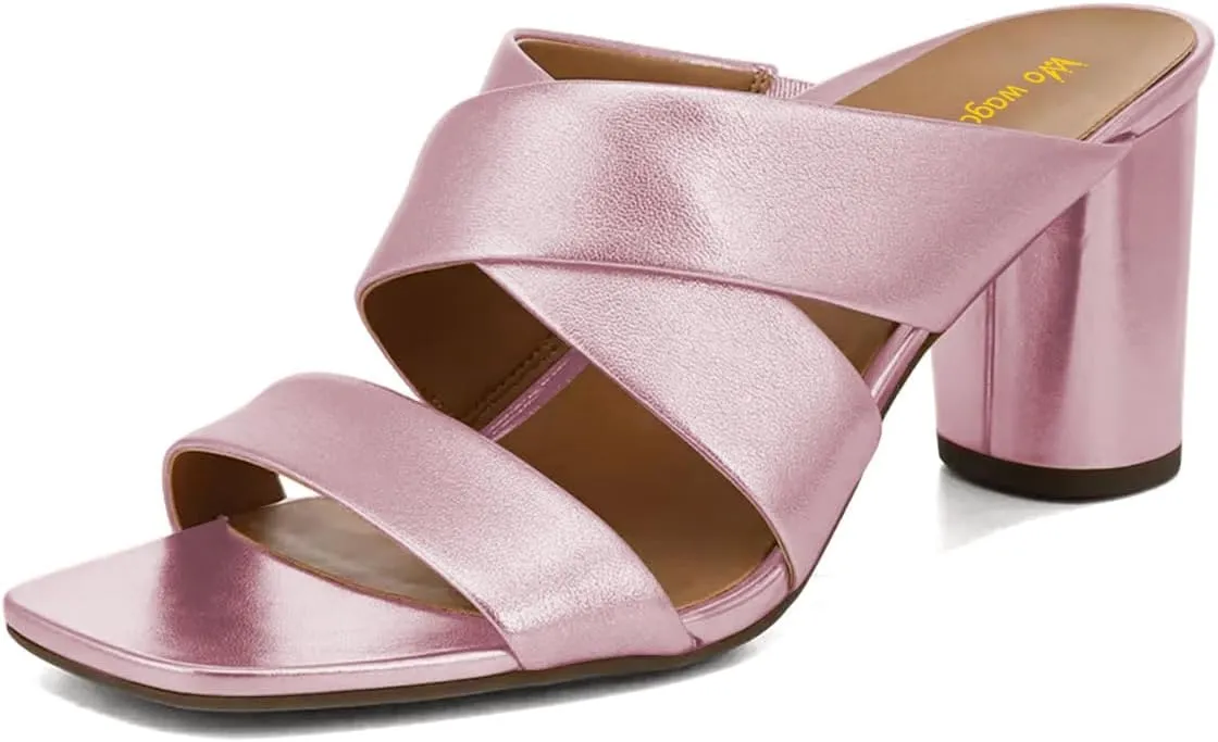 Women’s Mules Cross Strap Slippers Slip On Sandals Chunky Mid Heels Open Square Toe Shoes Indoor Party Shopping Size 4-16 US