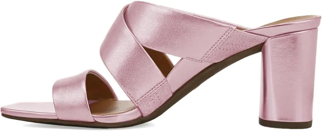 Women’s Mules Cross Strap Slippers Slip On Sandals Chunky Mid Heels Open Square Toe Shoes Indoor Party Shopping Size 4-16 US