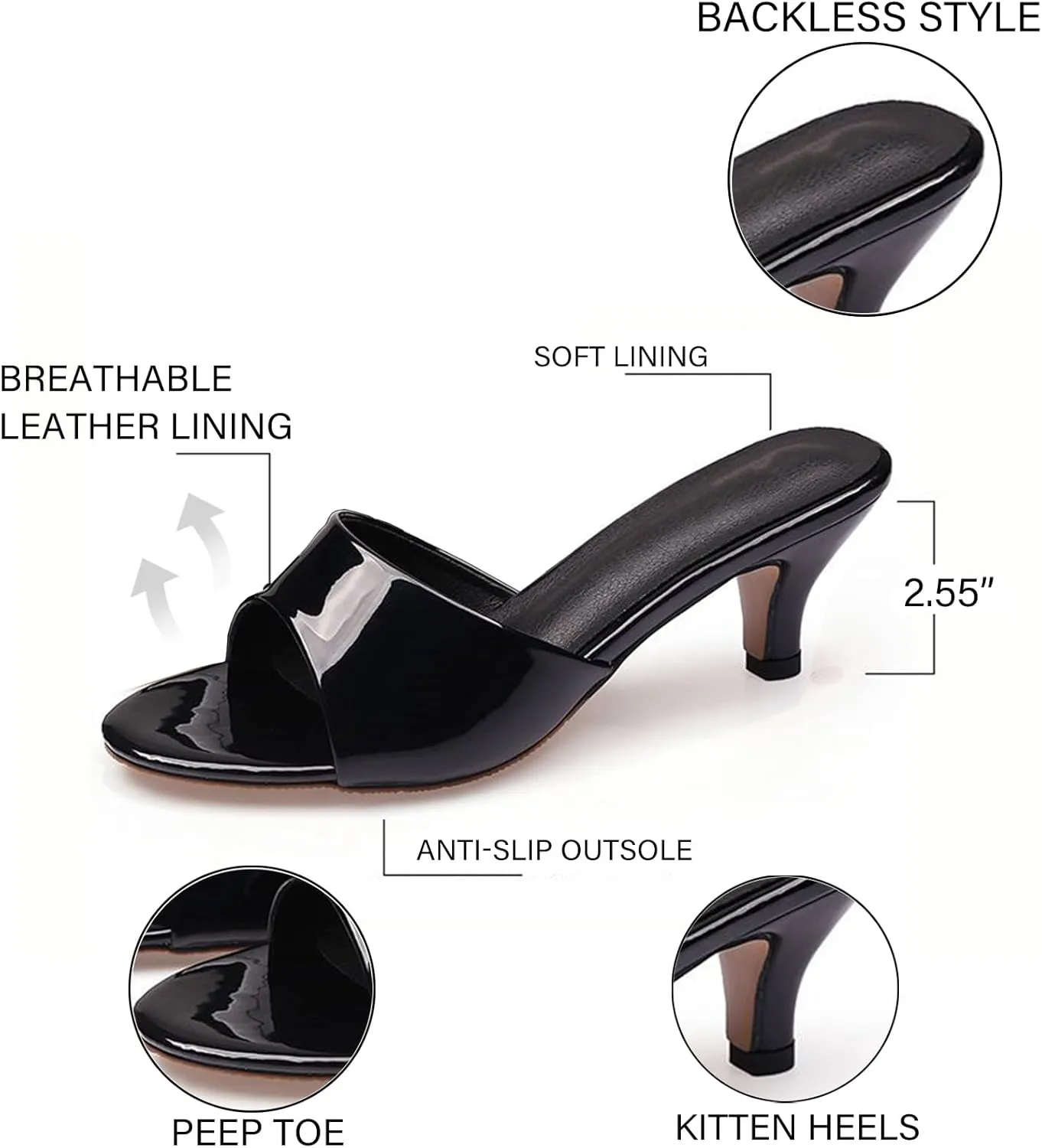 Women'S Patent Leather Low Kitten Heel Slipper Sandals Round Open Toe Slip-On Heeled Mules Sexy Wedding Dress Elegant High Heel Sandals