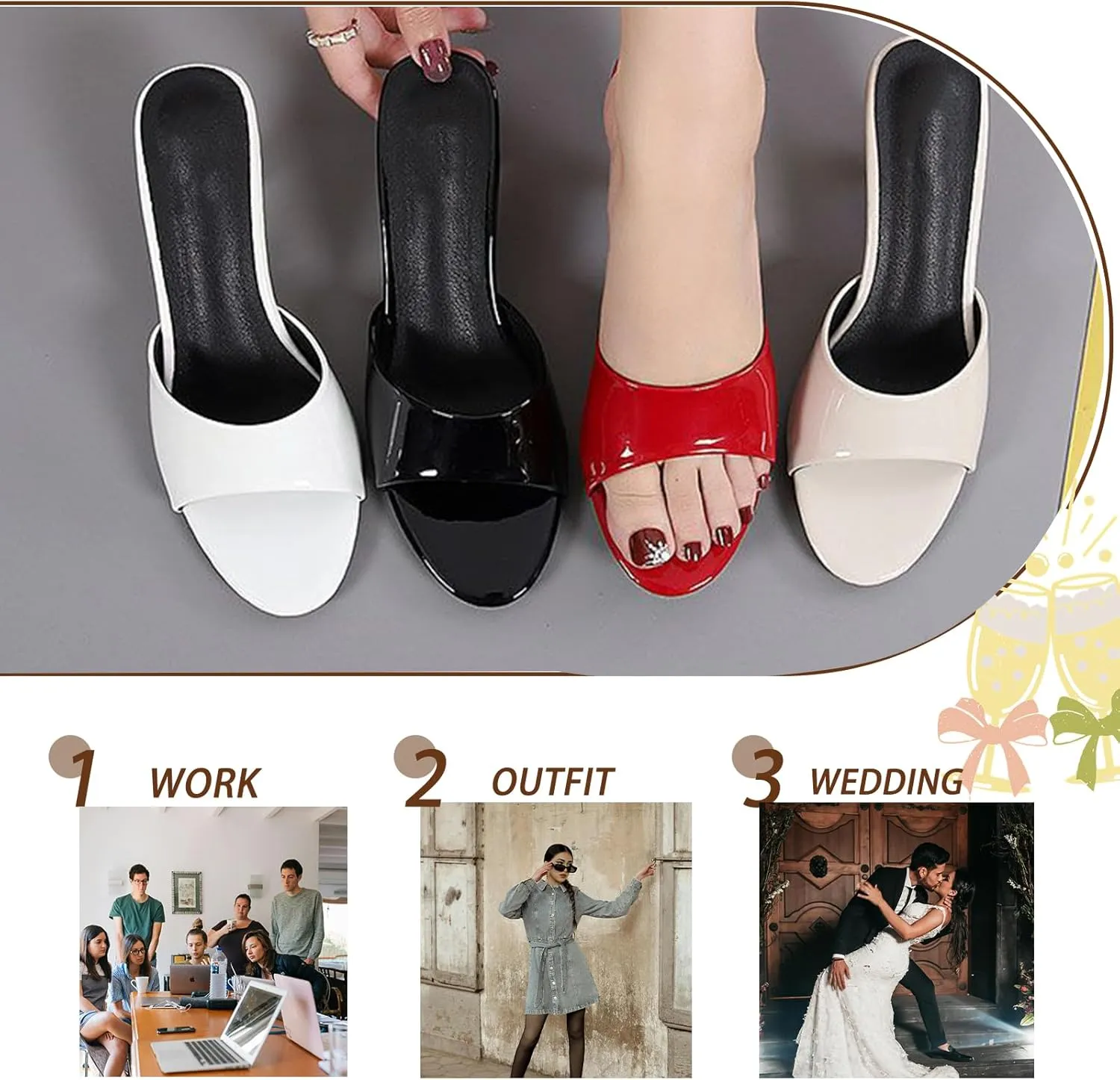 Women'S Patent Leather Low Kitten Heel Slipper Sandals Round Open Toe Slip-On Heeled Mules Sexy Wedding Dress Elegant High Heel Sandals