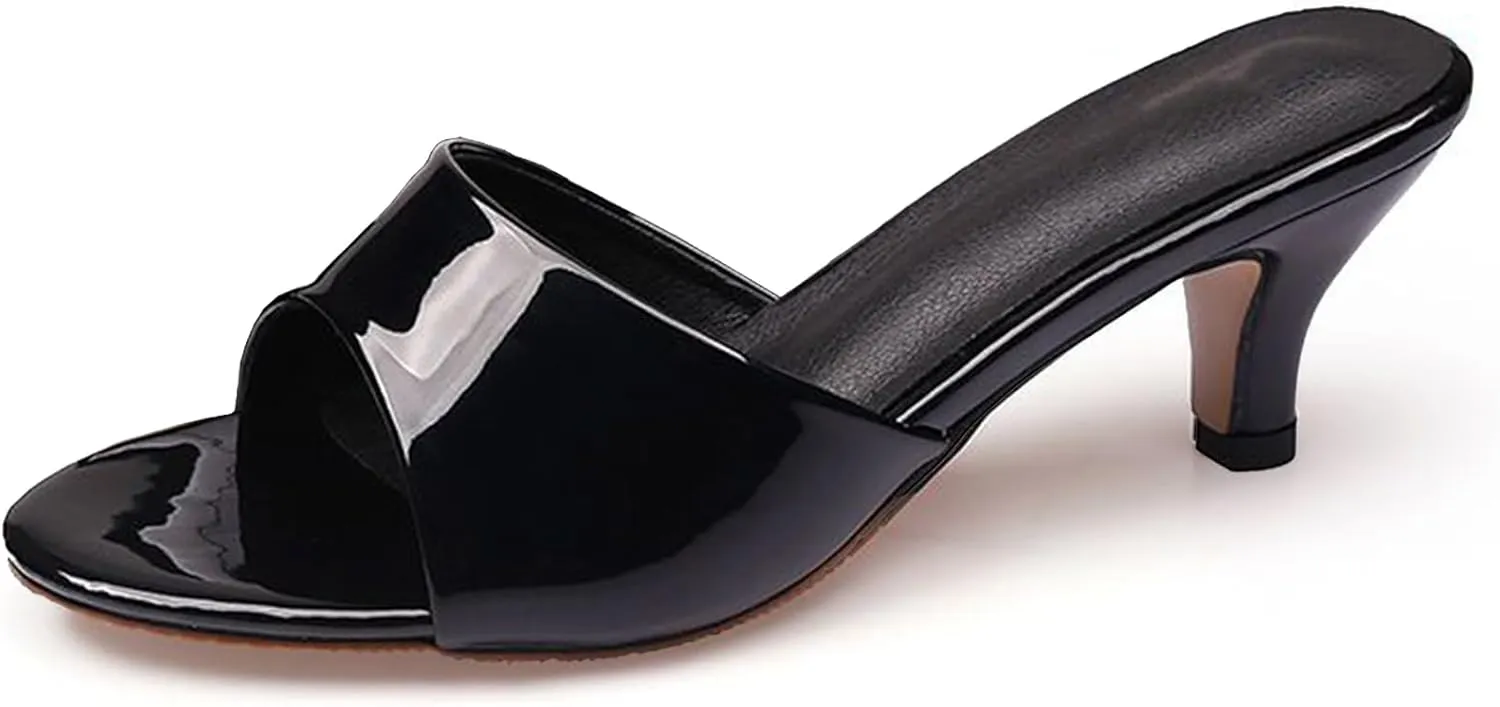 Women'S Patent Leather Low Kitten Heel Slipper Sandals Round Open Toe Slip-On Heeled Mules Sexy Wedding Dress Elegant High Heel Sandals