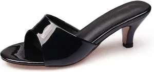 Women'S Patent Leather Low Kitten Heel Slipper Sandals Round Open Toe Slip-On Heeled Mules Sexy Wedding Dress Elegant High Heel Sandals
