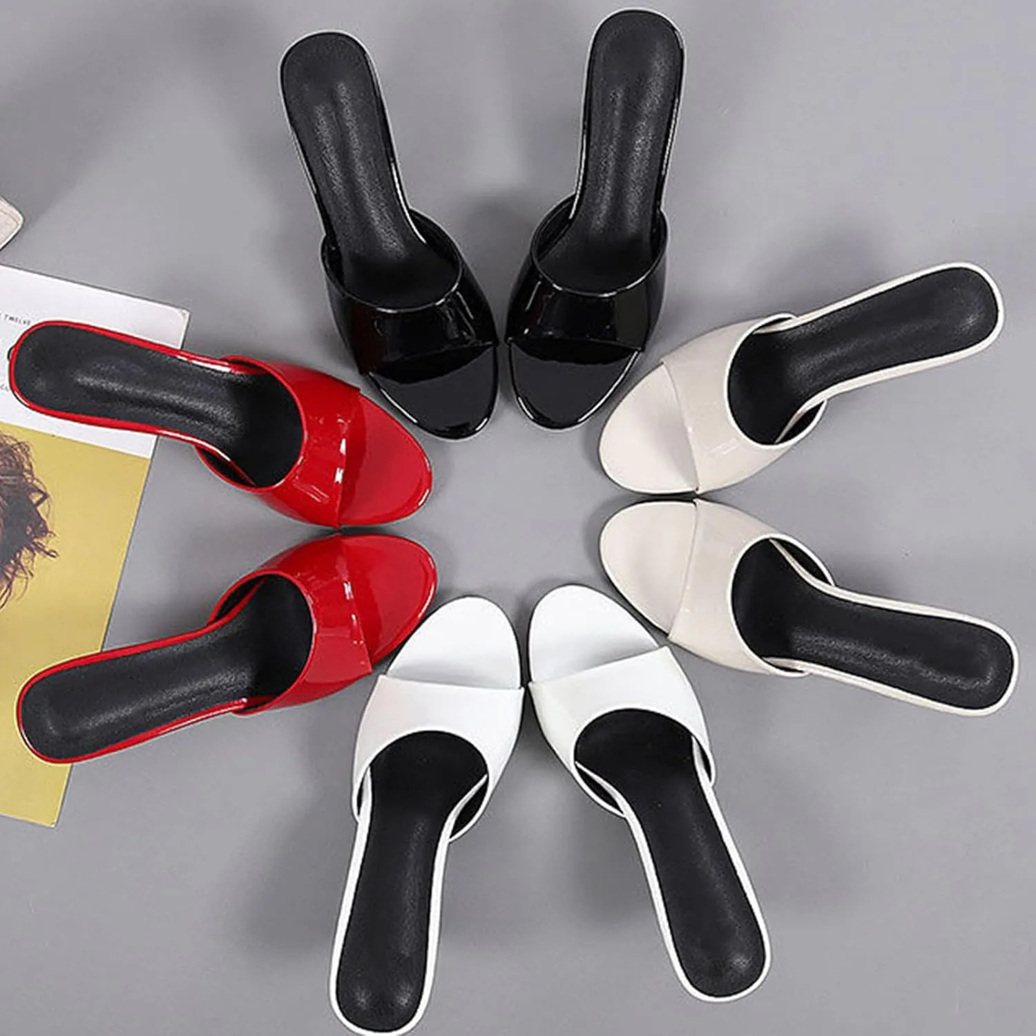 Women'S Patent Leather Low Kitten Heel Slipper Sandals Round Open Toe Slip-On Heeled Mules Sexy Wedding Dress Elegant High Heel Sandals