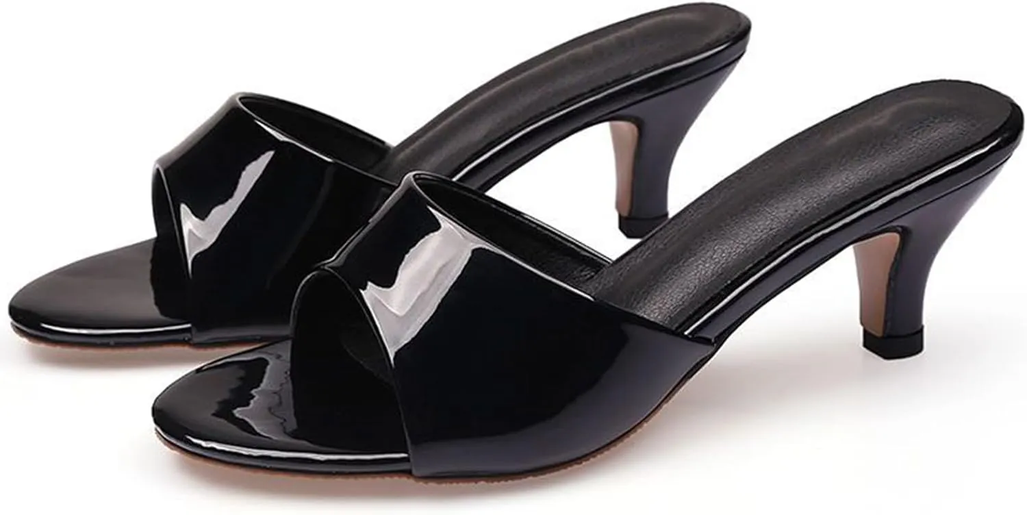 Women'S Patent Leather Low Kitten Heel Slipper Sandals Round Open Toe Slip-On Heeled Mules Sexy Wedding Dress Elegant High Heel Sandals
