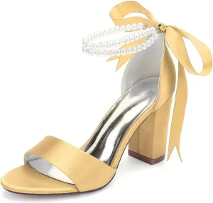 Women's Pearl Block Heel Wedding Shoes for Bride Open Toe Satin Chunky Heeled Bridal Sandals for Women