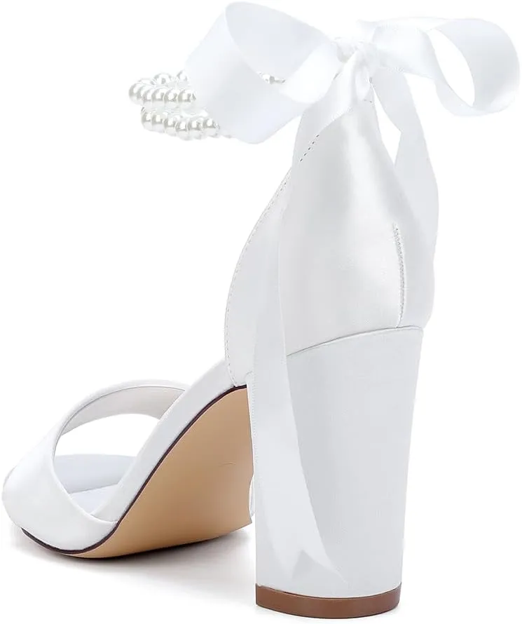 Women's Pearl Block Heel Wedding Shoes for Bride Open Toe Satin Chunky Heeled Bridal Sandals for Women