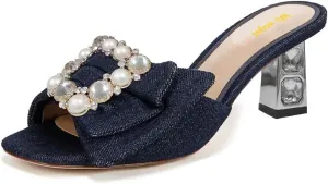 Women’s Pearl Buckle Mules Slip On Slippers Metal Rhinestone Chunky Mid Heels Open Square Toe Shoes Indoor Dating Size 4-16 US