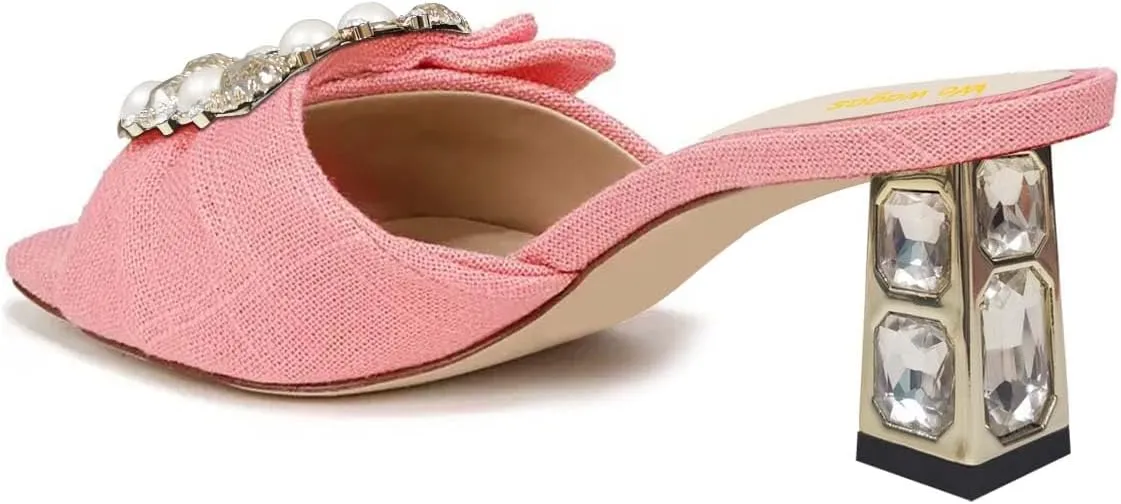 Women’s Pearl Buckle Mules Slip On Slippers Metal Rhinestone Chunky Mid Heels Open Square Toe Shoes Indoor Dating Size 4-16 US
