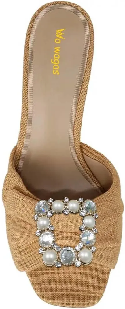 Women’s Pearl Buckle Mules Slip On Slippers Metal Rhinestone Chunky Mid Heels Open Square Toe Shoes Indoor Dating Size 4-16 US