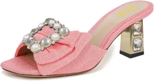Women’s Pearl Buckle Mules Slip On Slippers Metal Rhinestone Chunky Mid Heels Open Square Toe Shoes Indoor Dating Size 4-16 US