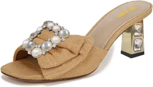 Women’s Pearl Buckle Mules Slip On Slippers Metal Rhinestone Chunky Mid Heels Open Square Toe Shoes Indoor Dating Size 4-16 US