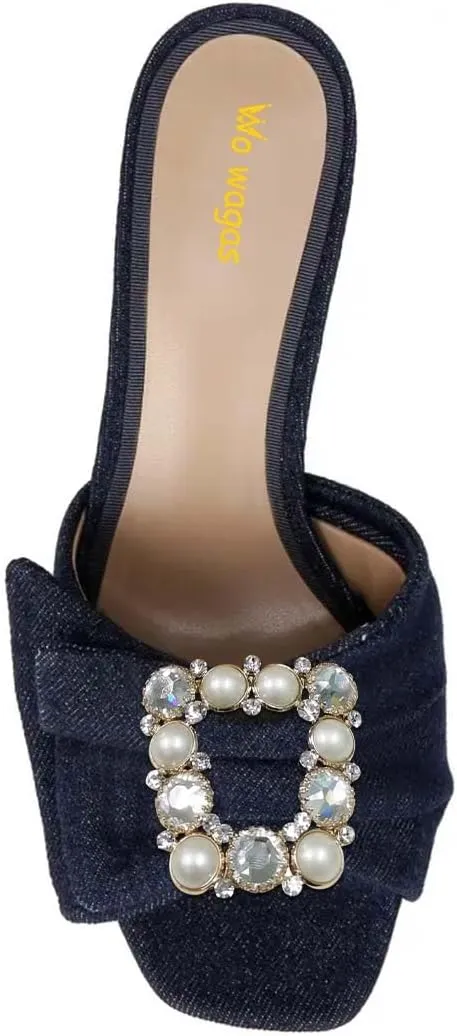 Women’s Pearl Buckle Mules Slip On Slippers Metal Rhinestone Chunky Mid Heels Open Square Toe Shoes Indoor Dating Size 4-16 US