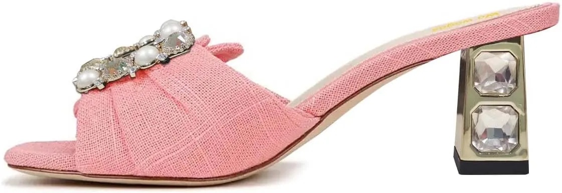 Women’s Pearl Buckle Mules Slip On Slippers Metal Rhinestone Chunky Mid Heels Open Square Toe Shoes Indoor Dating Size 4-16 US