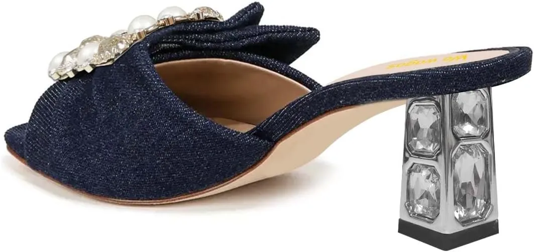 Women’s Pearl Buckle Mules Slip On Slippers Metal Rhinestone Chunky Mid Heels Open Square Toe Shoes Indoor Dating Size 4-16 US