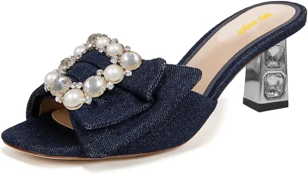Women’s Pearl Buckle Mules Slip On Slippers Metal Rhinestone Chunky Mid Heels Open Square Toe Shoes Indoor Dating Size 4-16 US