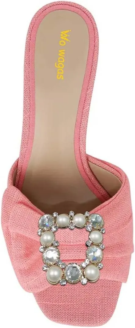 Women’s Pearl Buckle Mules Slip On Slippers Metal Rhinestone Chunky Mid Heels Open Square Toe Shoes Indoor Dating Size 4-16 US