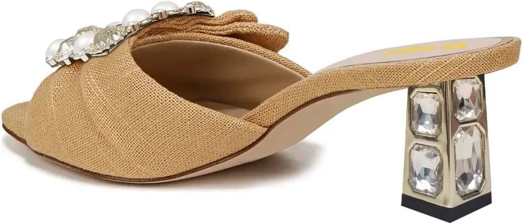 Women’s Pearl Buckle Mules Slip On Slippers Metal Rhinestone Chunky Mid Heels Open Square Toe Shoes Indoor Dating Size 4-16 US