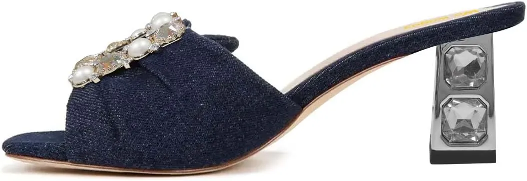 Women’s Pearl Buckle Mules Slip On Slippers Metal Rhinestone Chunky Mid Heels Open Square Toe Shoes Indoor Dating Size 4-16 US