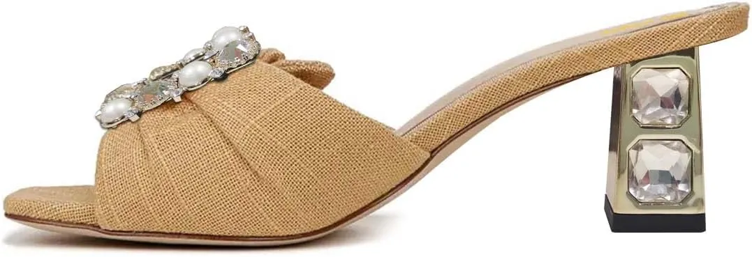 Women’s Pearl Buckle Mules Slip On Slippers Metal Rhinestone Chunky Mid Heels Open Square Toe Shoes Indoor Dating Size 4-16 US