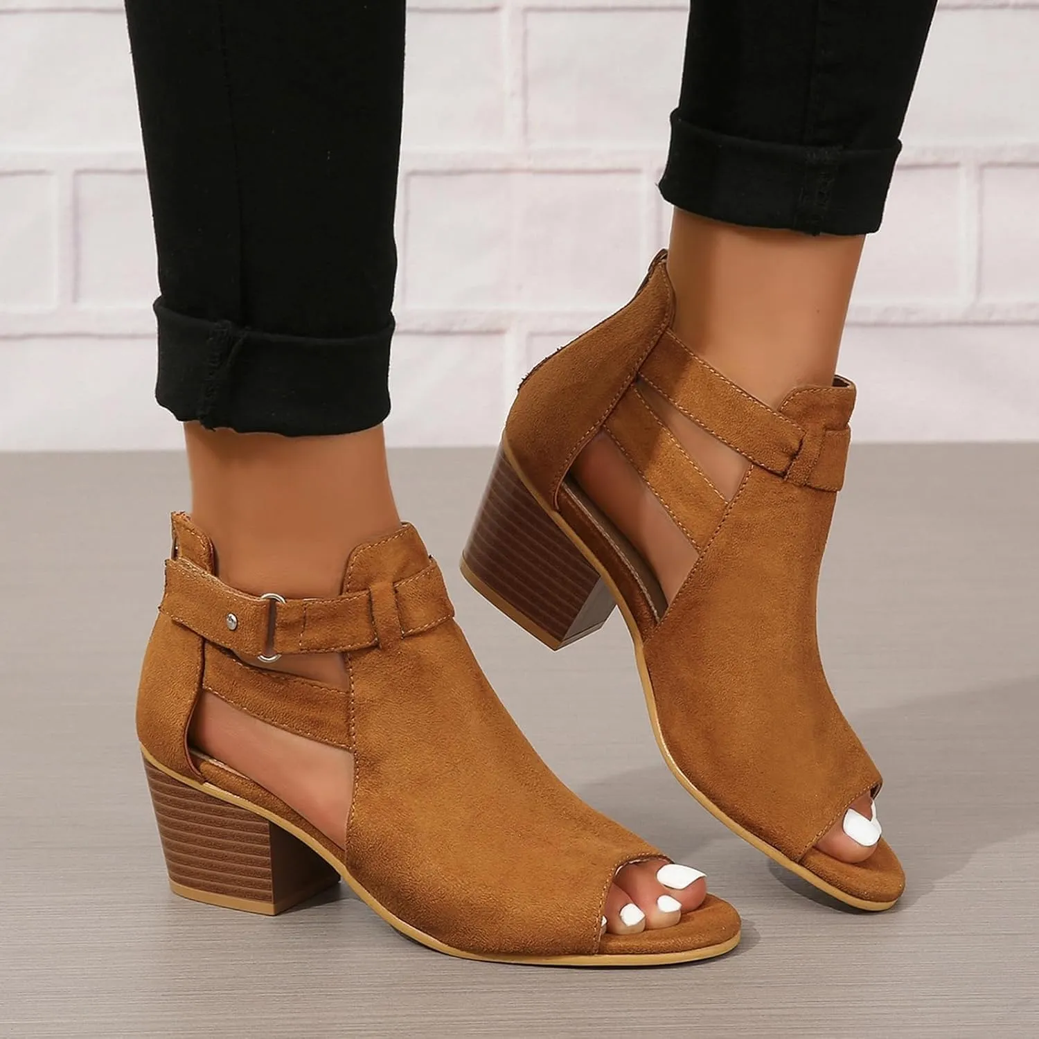 Womens Peep Toe Ankle Booties Sandals Chunky Heels Cutout Back Zipper Sandal Faux Suede Side Ankle Strap Dress Sandals