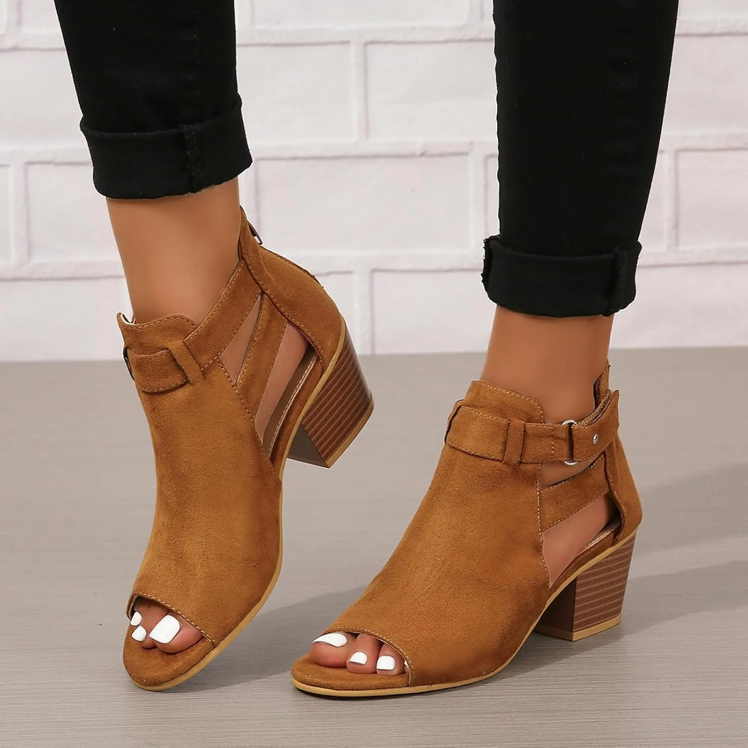 Womens Peep Toe Ankle Booties Sandals Chunky Heels Cutout Back Zipper Sandal Faux Suede Side Ankle Strap Dress Sandals